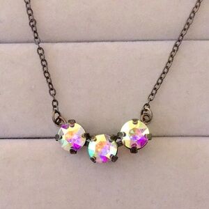 Aurora Borealis + Antique Brass Crystal Bar Necklace